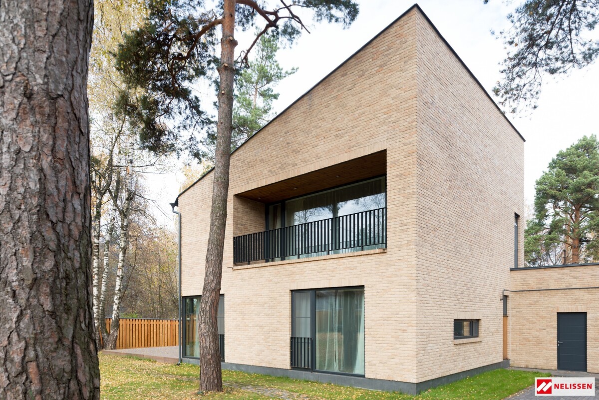 Dom z grafitowym dachem, belgijskie cegły ręcznie formowane, dom z cegły w lesie, duże grafitowe okno tarasowe, cegła Monet, cegły belgijskie,